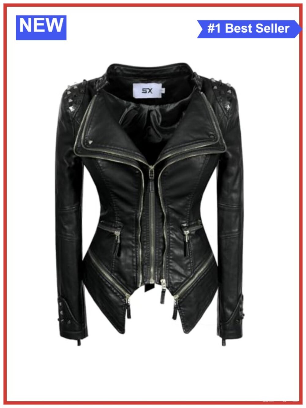 Faux Leather Studded Moto Jacket Slim Fit Long Sleeve Zipper Coat